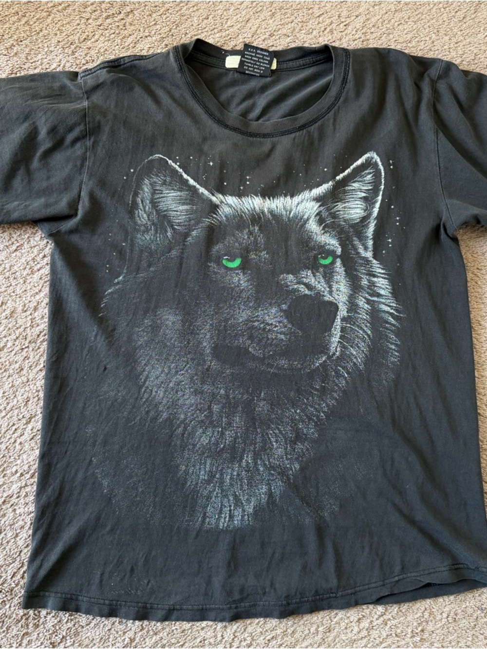 Black Wolf Graphic Tee with Green Accent Eyes